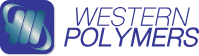 Logo for Western Polymers featuring a blue square with a stylized white swirl design on the left and the company name "WESTERN POLYMERS" in blue uppercase letters on the right.