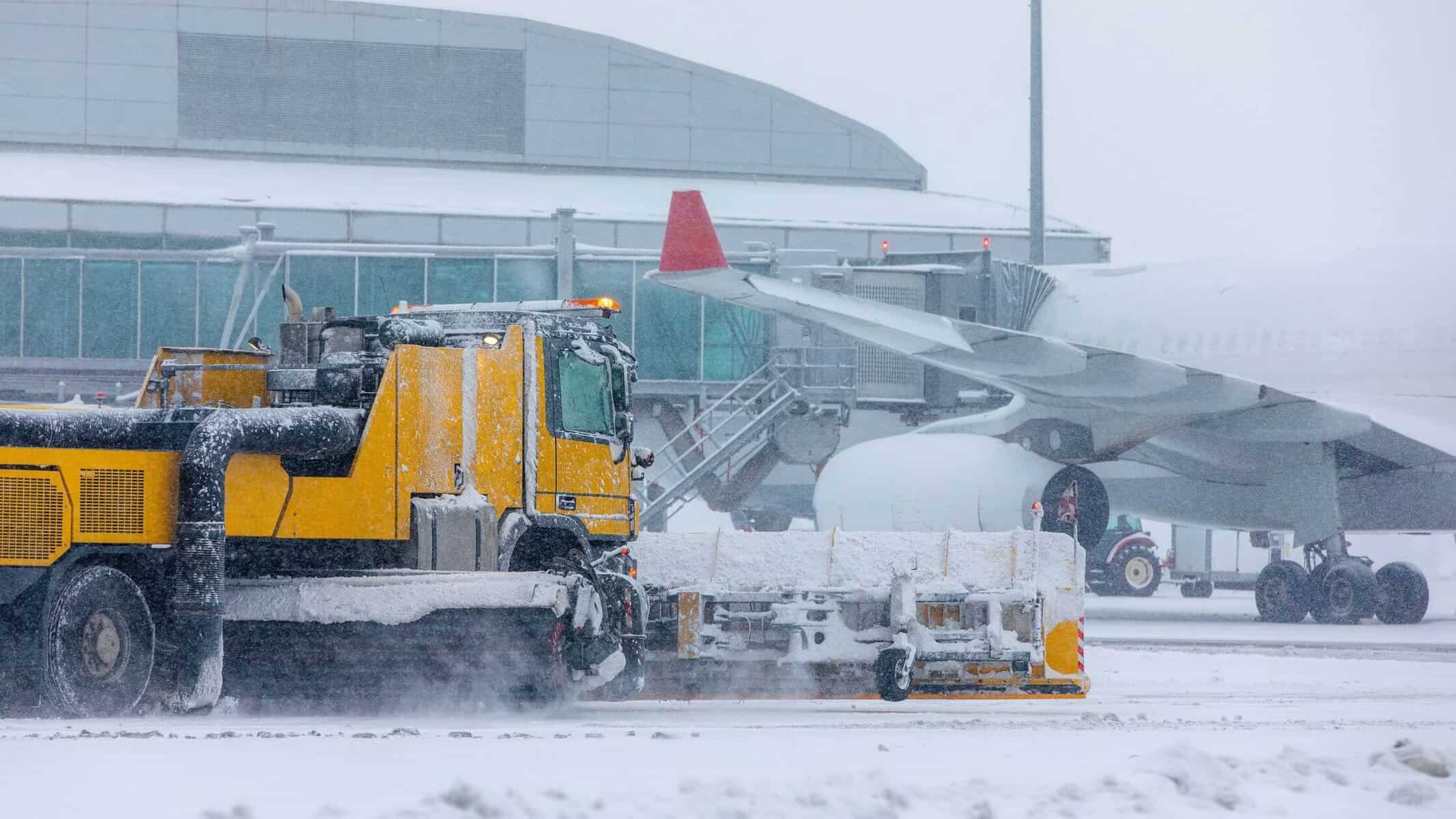 A yellow snow plow clears snow from an airport runway near a large airplane during heavy snowfall, with snow accumulating on the ground and the terminal building in the background.