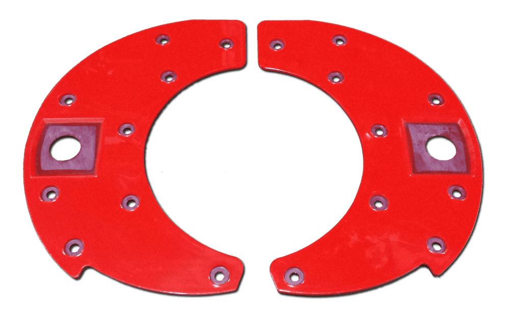 Two red semicircular metal plates, each with several bolt holes and a square cutout on one side, placed side by side forming a near-complete circle on a white background.