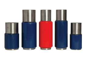 Five cylindrical metal objects with blue and one red painted bodies, standing upright in a row on a white background. The red cylinder is in the center, with two taller and two shorter blue cylinders on either side.