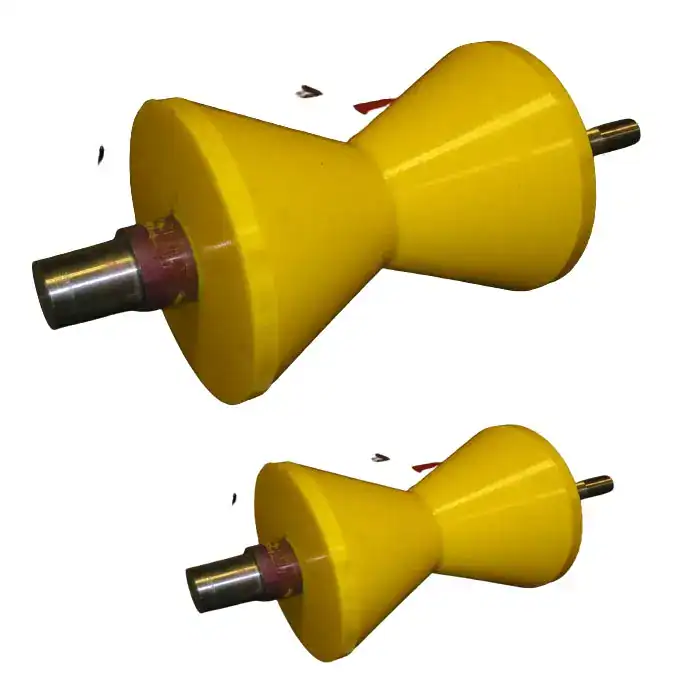 Two yellow, double-cone-shaped rollers with metal axles, placed at different angles on a white background. The rollers appear to be industrial or mechanical components.
